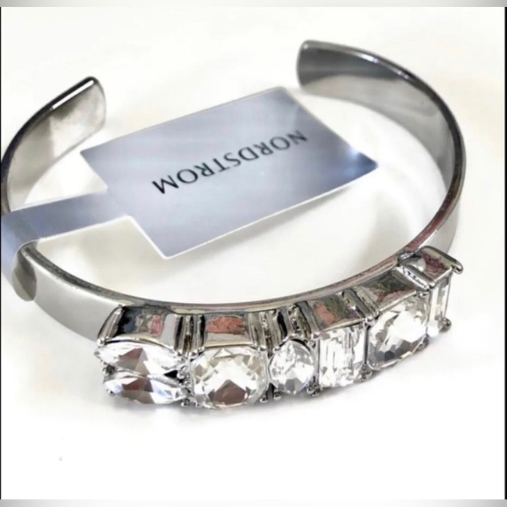 NWT *Lee Angel* Polished Silver Modern Crystal Bar Cuff Bangle